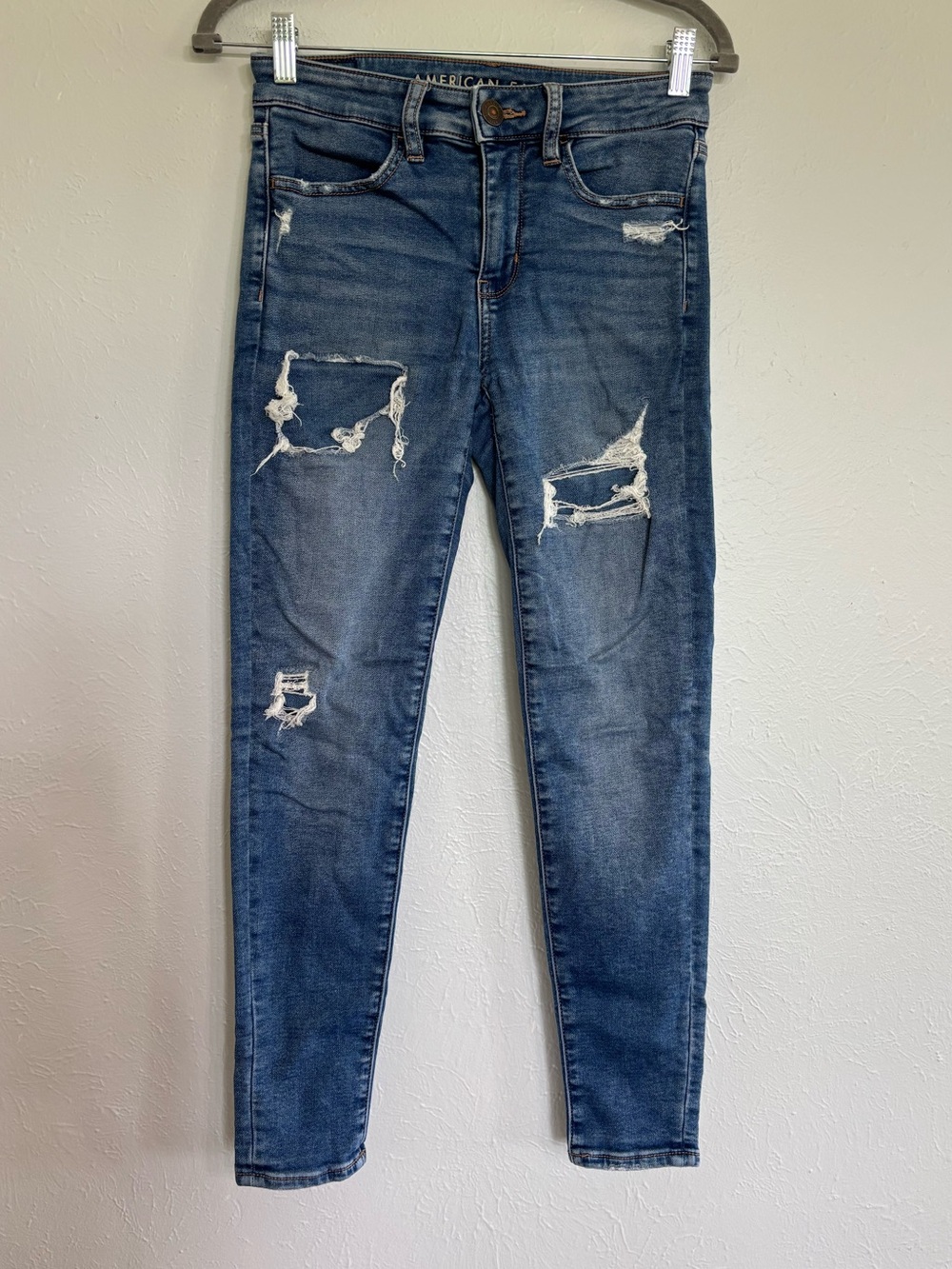 American Eagle Outfitters Distressed Dark Blue Skinny Jeans - Hi-Rise Jegging